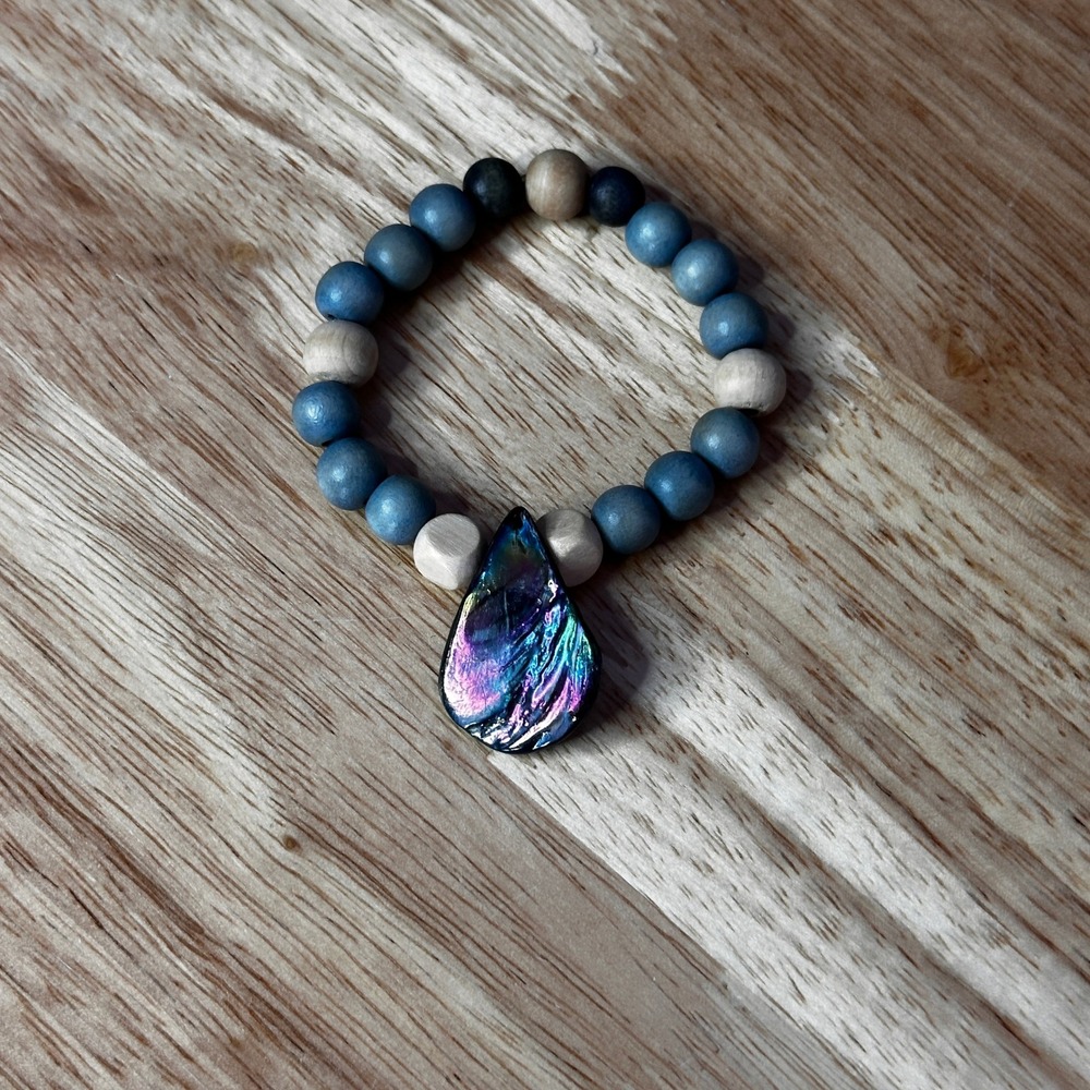 Abalone Shell Teardrop Wood Bead Stretch Bracelet Blue Cream Boho Coastal